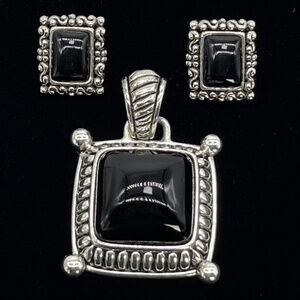 Premier Designs Vintage Silver Tone,Black Stone Pendant w/earrings.